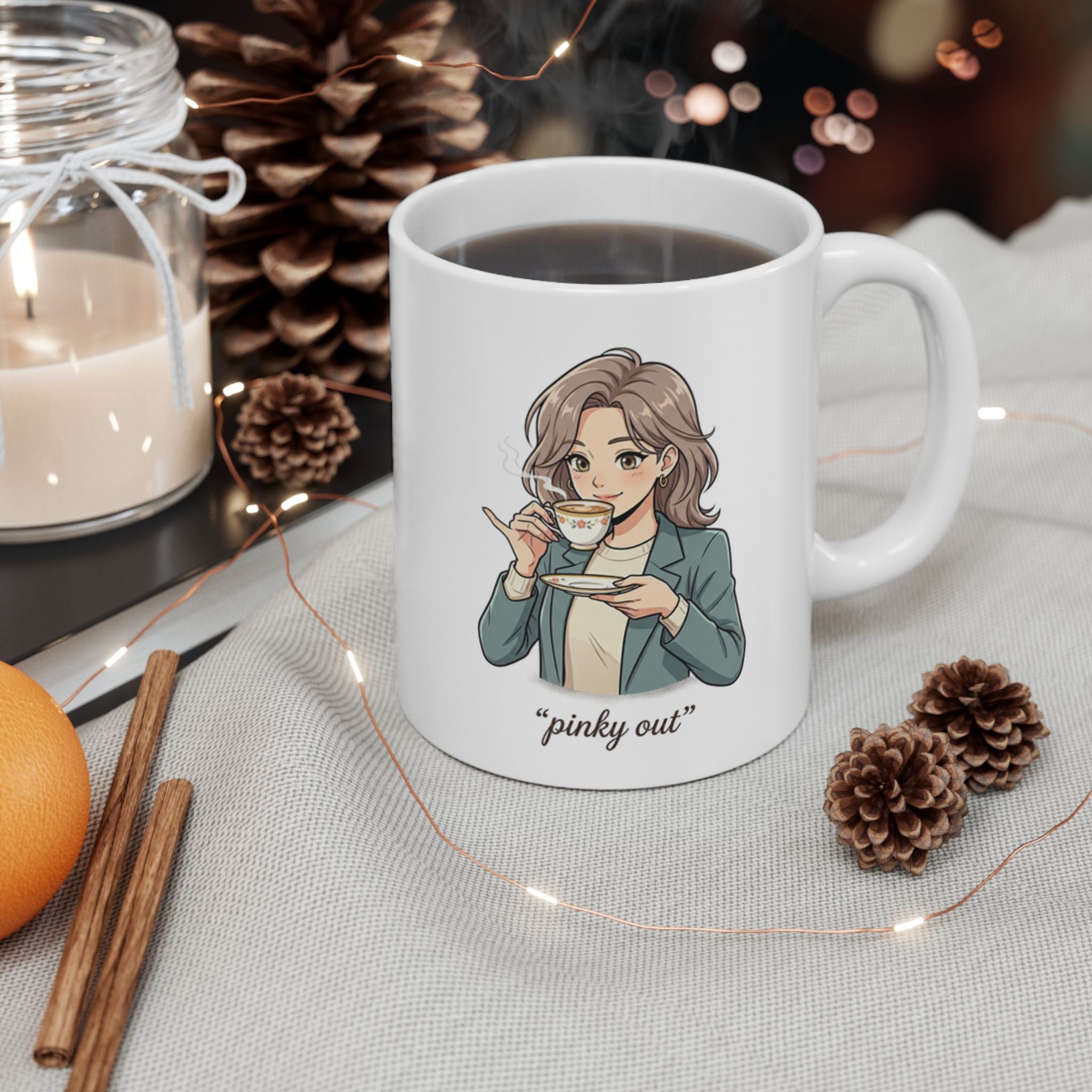 Ceramic Mug — Cute Girl Illustration, Cozy Tea & Coffee Cup (11oz/15oz)