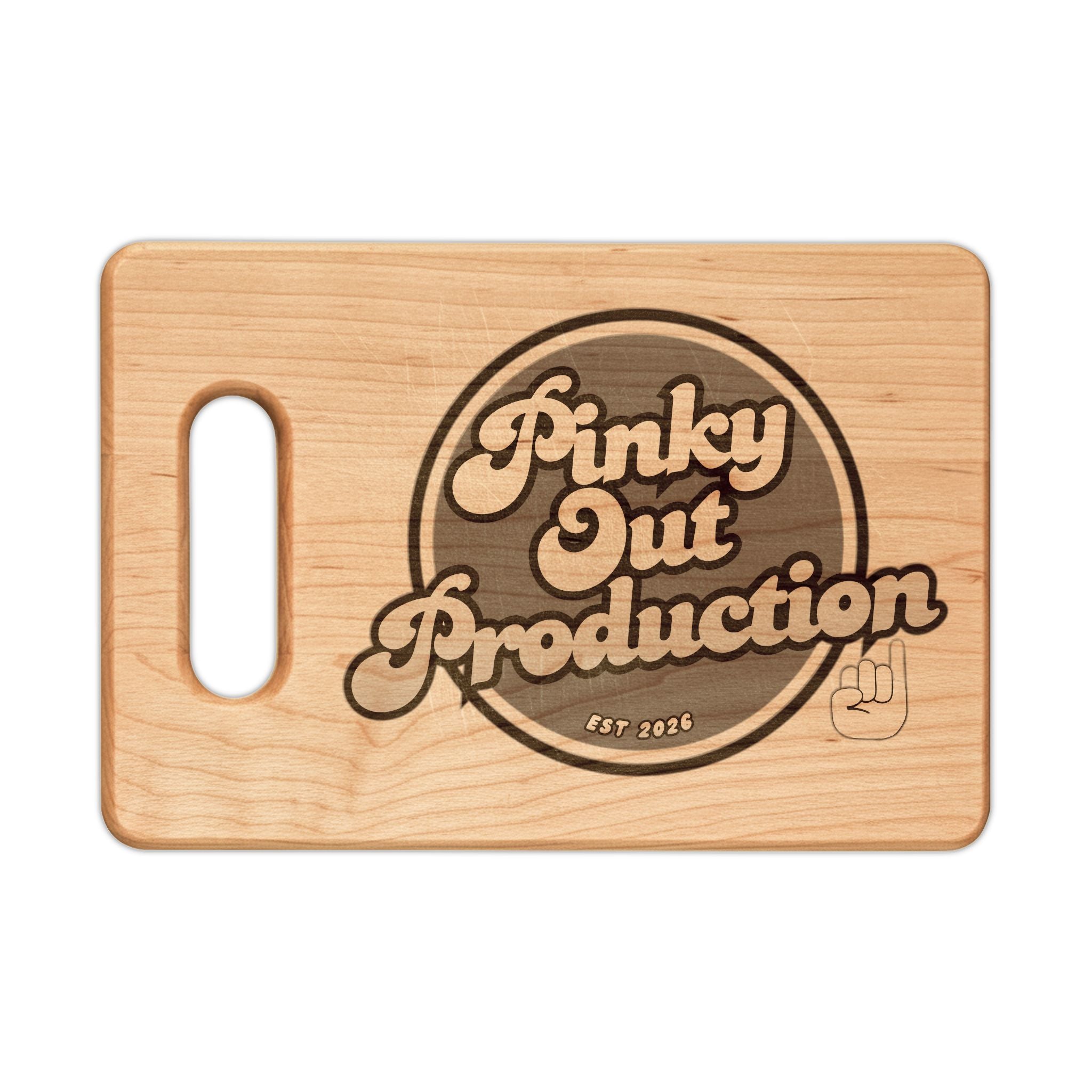 Engraved Wooden Cutting Board — Custom 'Pinky Out Production' Design