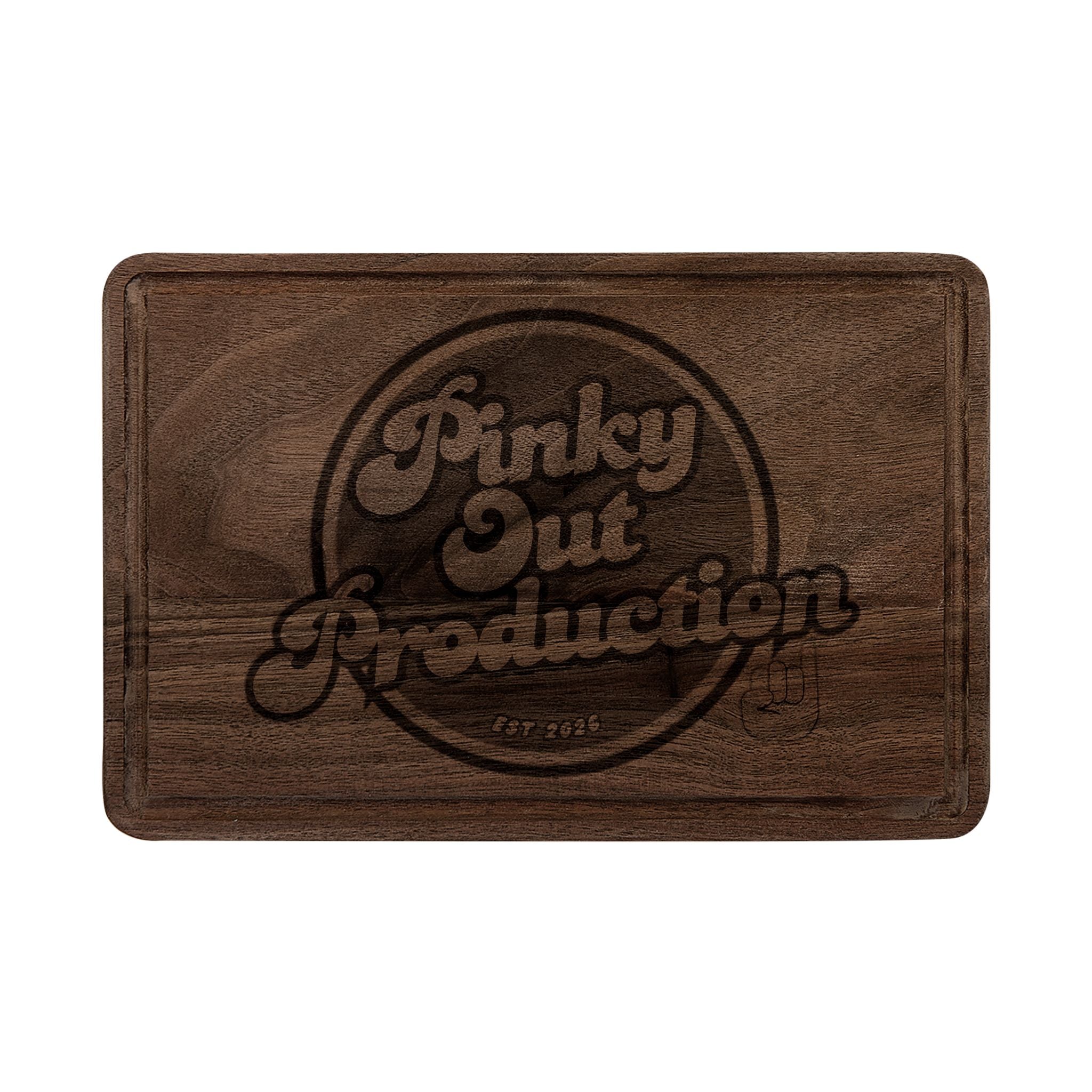 Engraved Wooden Cutting Board — Custom 'Pinky Out Production' Design
