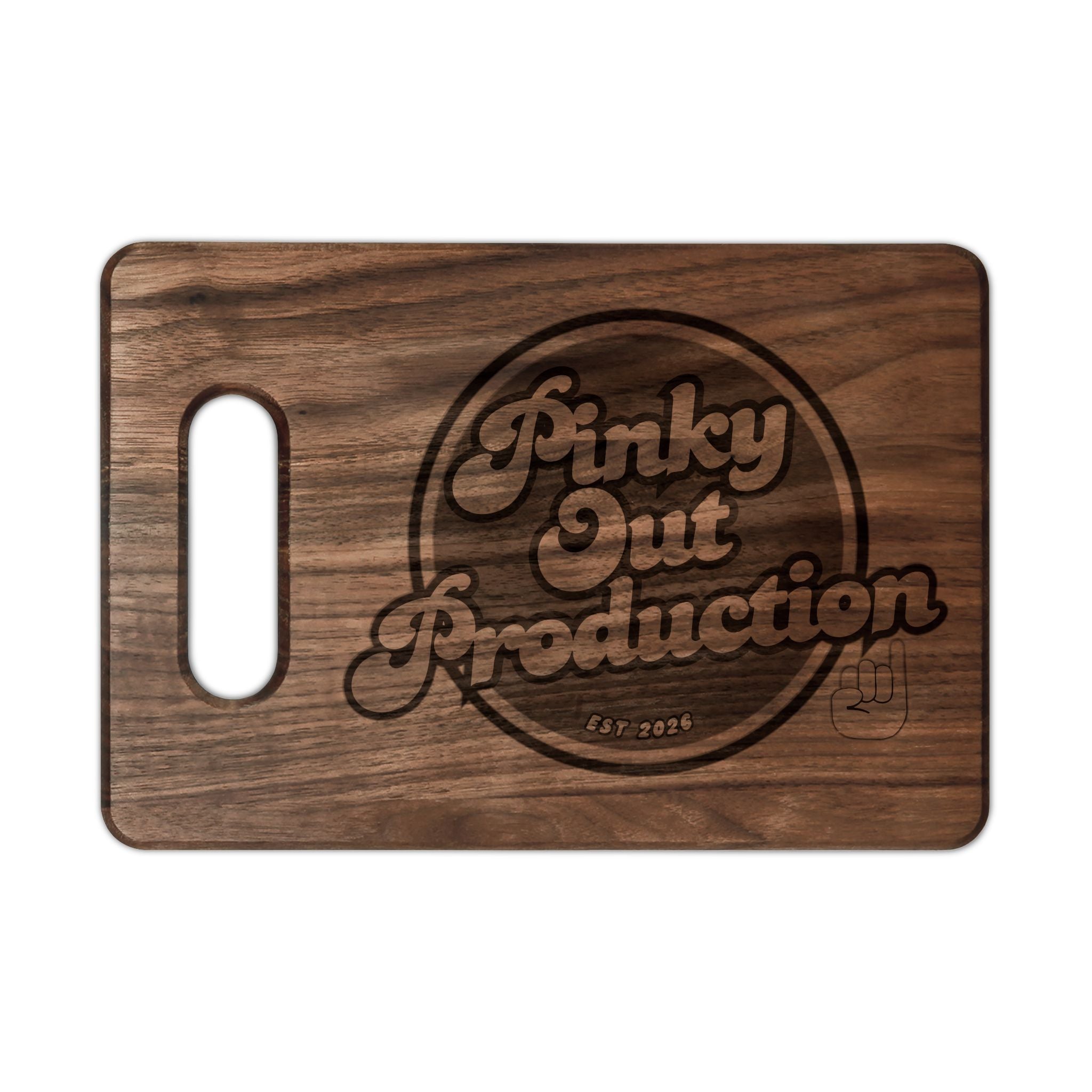 Engraved Wooden Cutting Board — Custom 'Pinky Out Production' Design